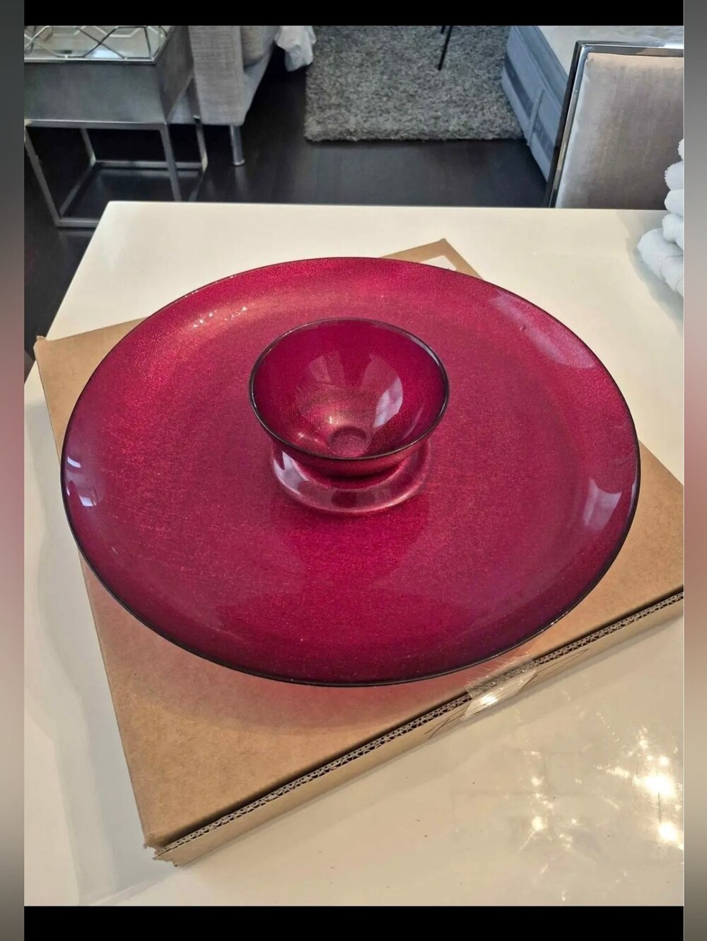 Decorative Ruby Red Glass Chip & Dip Serving Platter - New In Box Red Sparking
